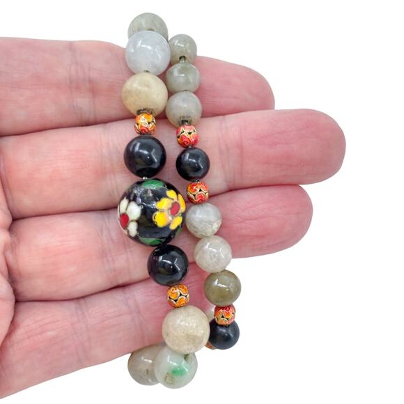 Estate Sterling Silver Jadeite & Onyx Necklace With Cloisonné Accent Beads 21" - Picture 1 of 7